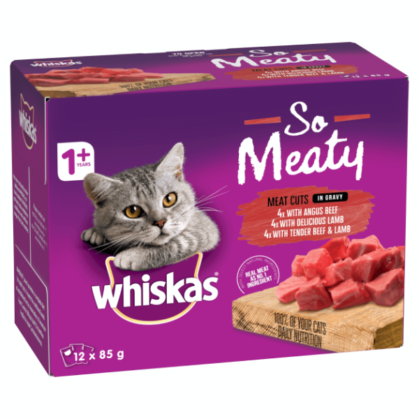 WHISKAS WET SO MEATY MVMS 85G 1X12PK