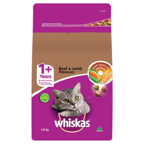 WHISKAS DRY ADULT BEEF AND LAMB 1.8KG